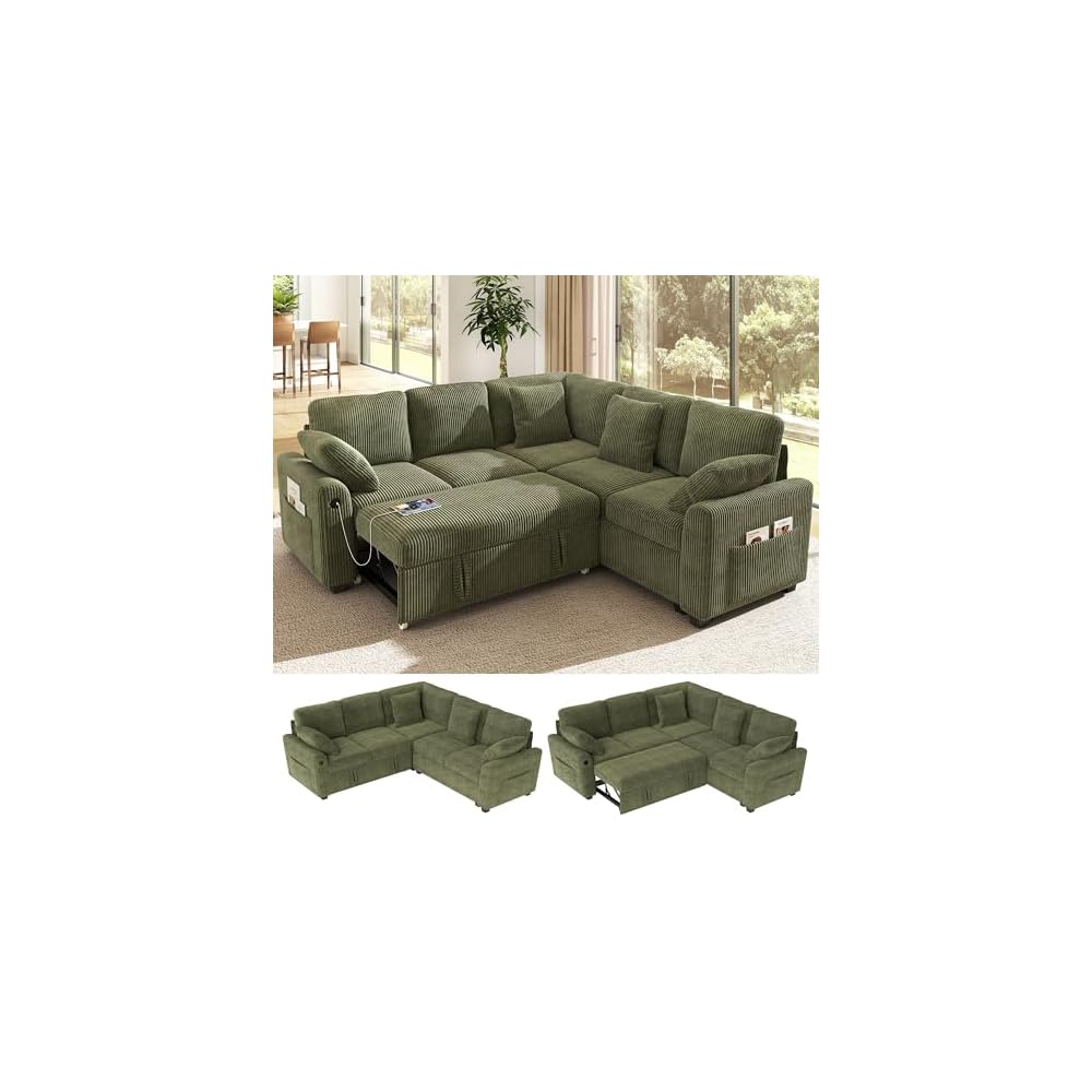 83-inch 5-Seater Large Sectional Sofa Bed with Storage, Corduroy Reversible Modular Sleeper Sofa with USB Port & 4 Pillows, Convertible L-Shaped Couch for Living Room（Green）