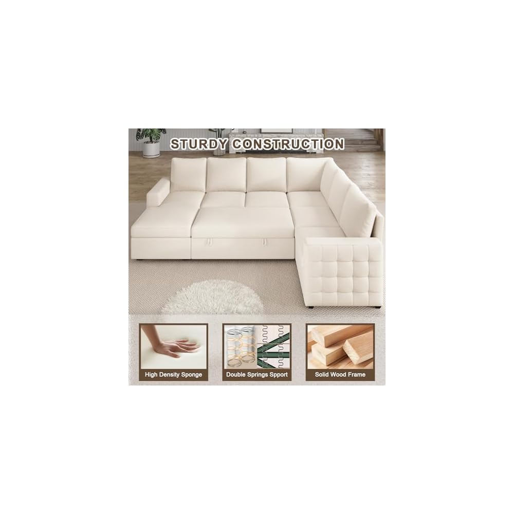 104" Sectional Sleeper Sofa Bed, U Shaped Pull Out Couch with Storage, 7 Seat Cloud Sofas with Chaise, Convertible Sofa Beds, Sleeper Sectional Couches for Living Room, Beige
