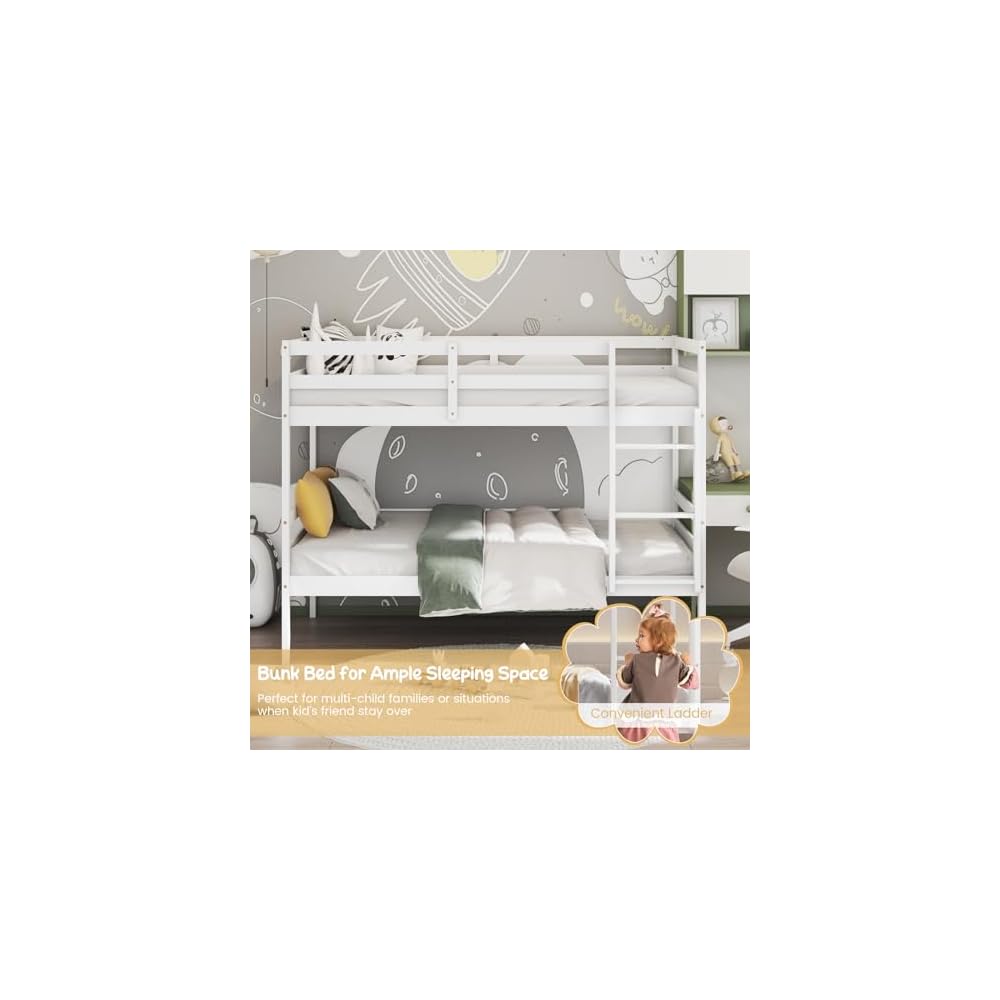 Bunk Bed Twin Over Twin White, Solid Wood Bunk Bed with Sturdy Ladder & 12 Inch Safety Guard Rails, Twin Size Wood Bed Frame for Dormitory, No Box Spring Needed, Bunk Beds for Kids Teens