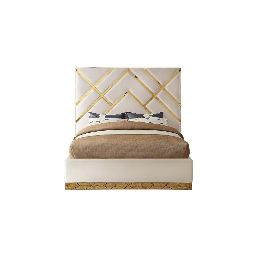 VectorCream-Q Vector Collection Modern | Contemporary Velvet Upholstered Bed, Custom Gold Metal Base and Polished Gold Metal Design, 81.5" W x 85.5" D x 68" H, Cream, Queen