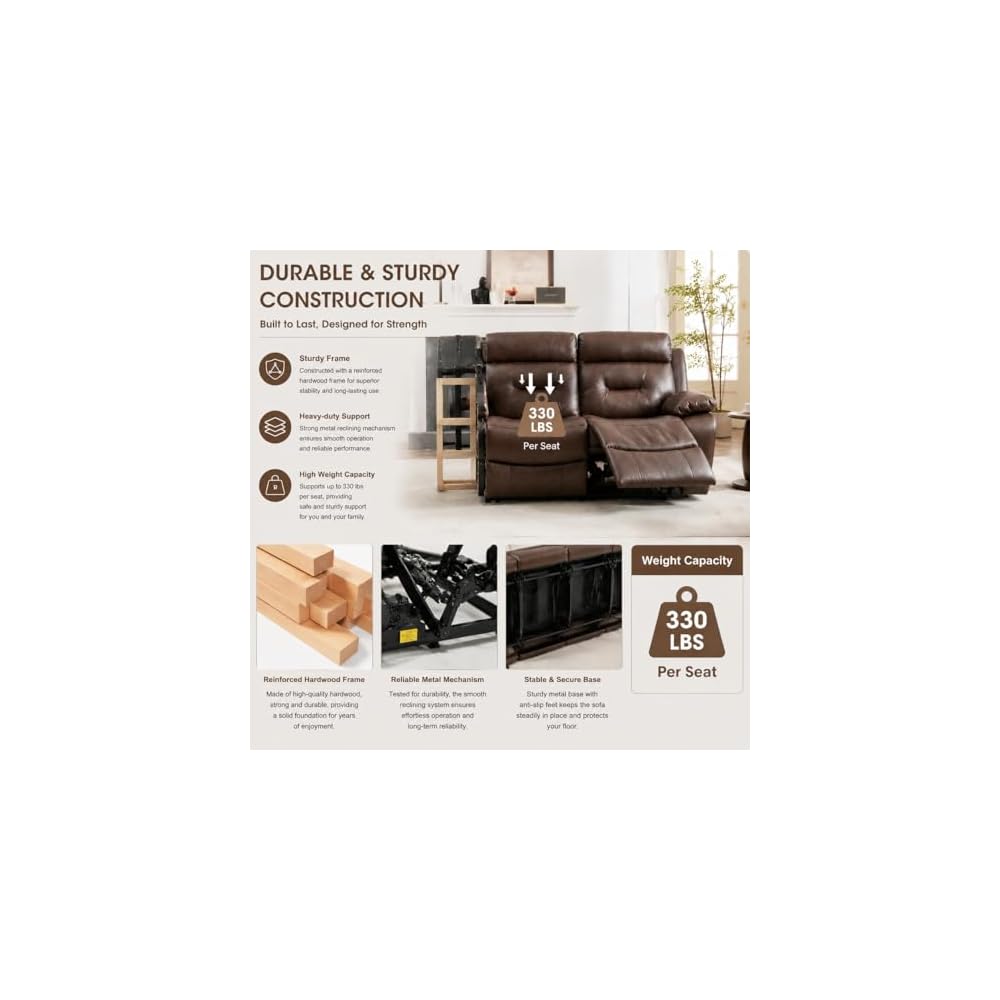 63'' Genuine Leather Manual Reclining Loveseat Sofa Couch for Living Room/Home Theater/Office/RV