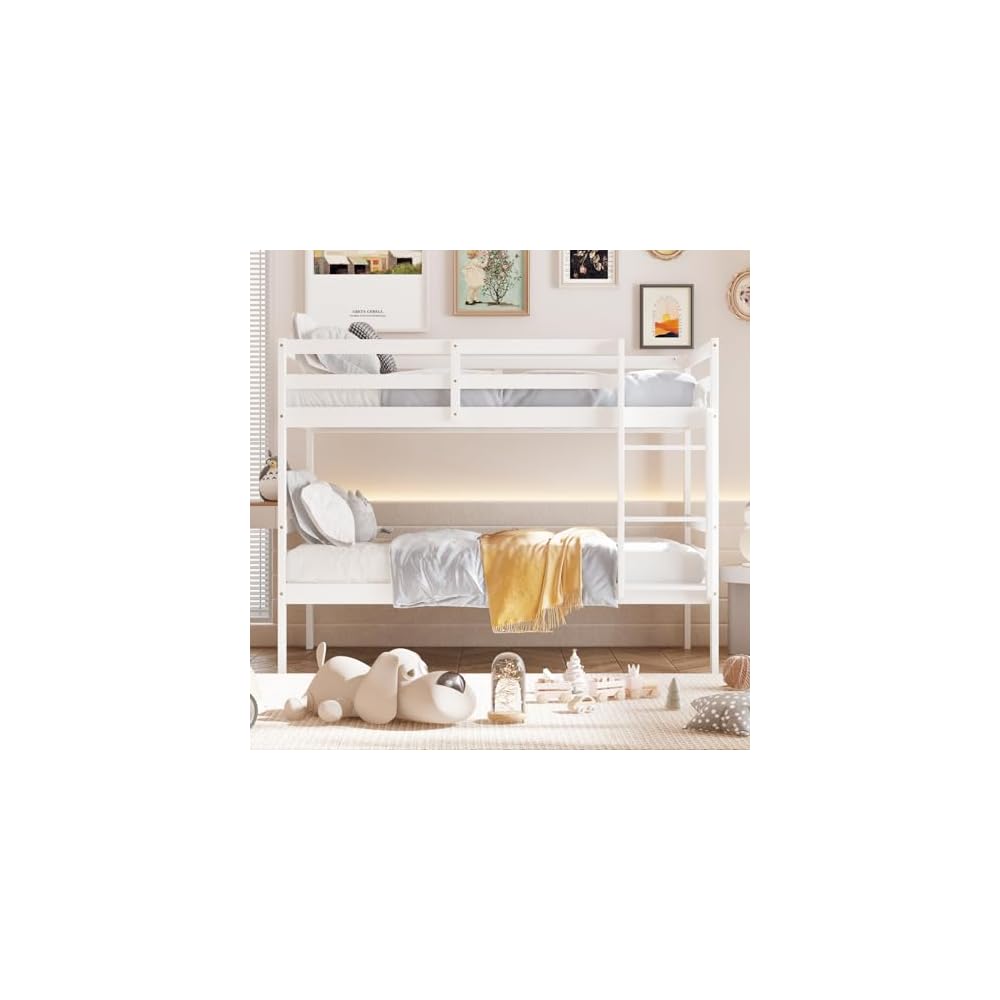 Bunk Bed Twin Over Twin White, Solid Wood Bunk Bed with Sturdy Ladder & 12 Inch Safety Guard Rails, Twin Size Wood Bed Frame for Dormitory, No Box Spring Needed, Bunk Beds for Kids Teens