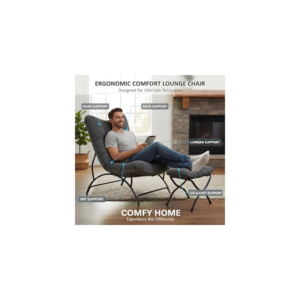 Lazy Lounge Chair with Ottoman, Modern Living Room Chair, Dark Grey