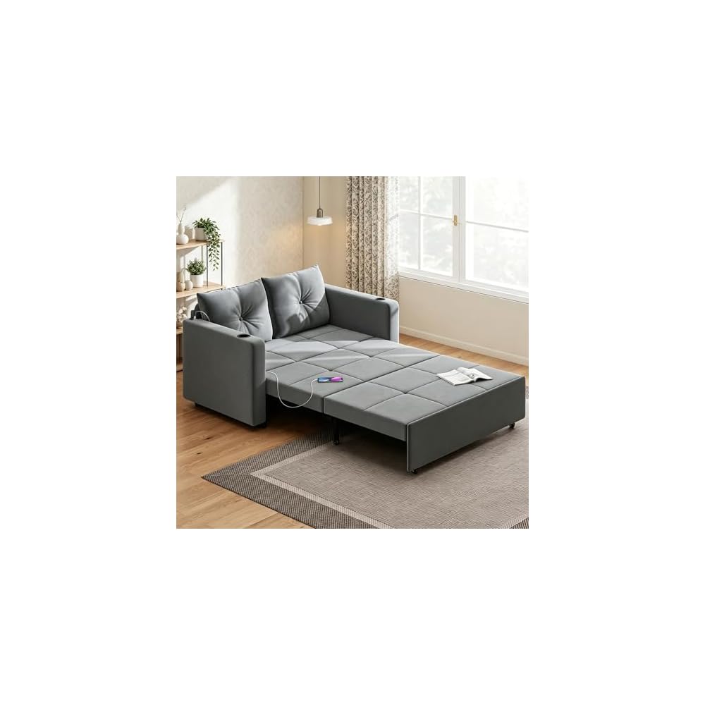 3 in 1 Pull Out Couch, 56" Velvet Sofa Bed, Convertible Sleeper Sofa