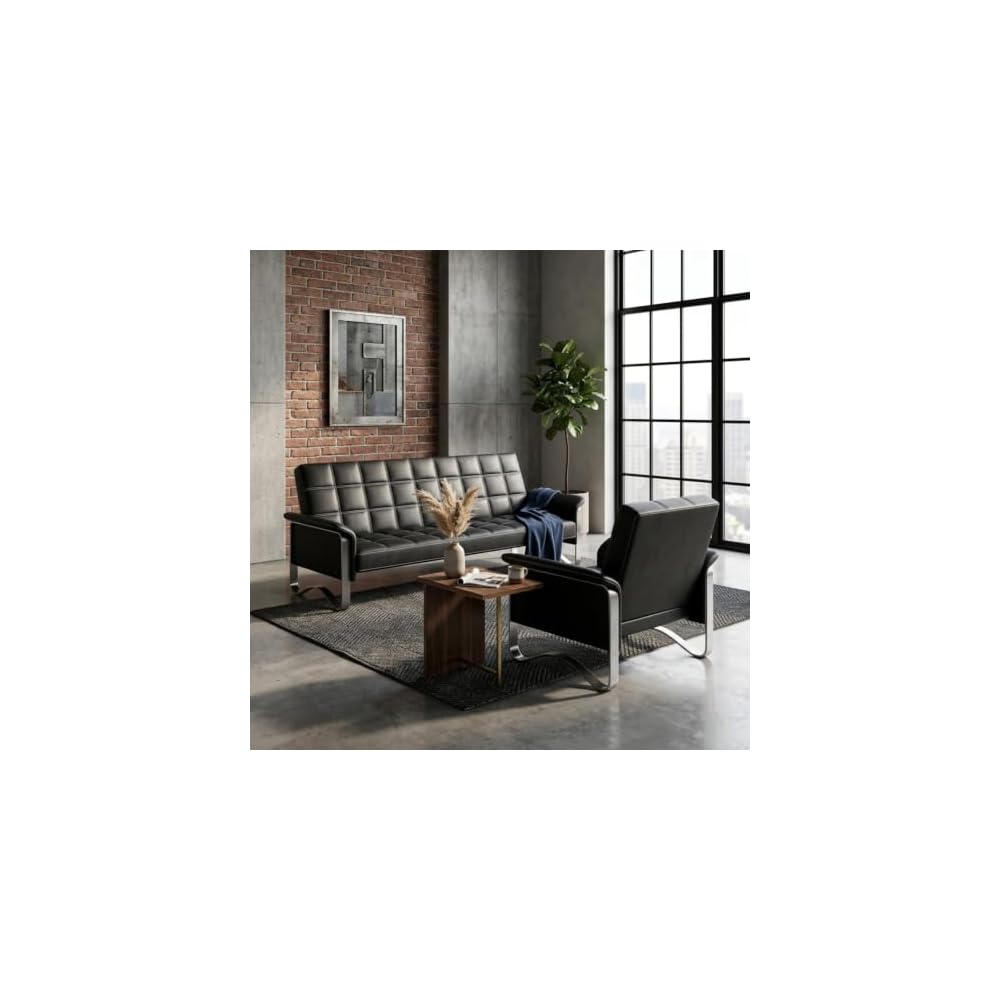 Faux Leather Futon Sofa Bed,Modern Convertible Couch with Metal Legs