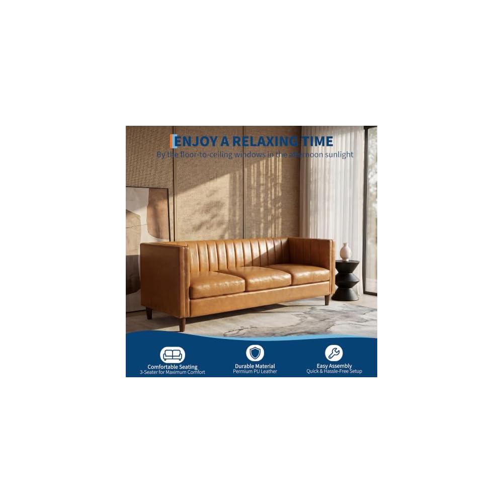 81'' Cognac Tan Faux Leather Couch for Living Room