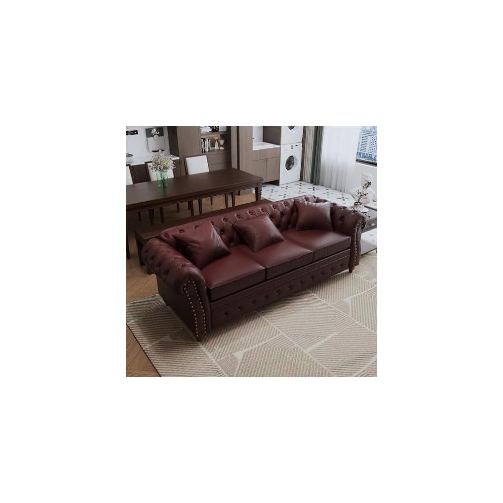 85.8" Tufted Leather Chesterfield Sofa with Storage, Burgundy
