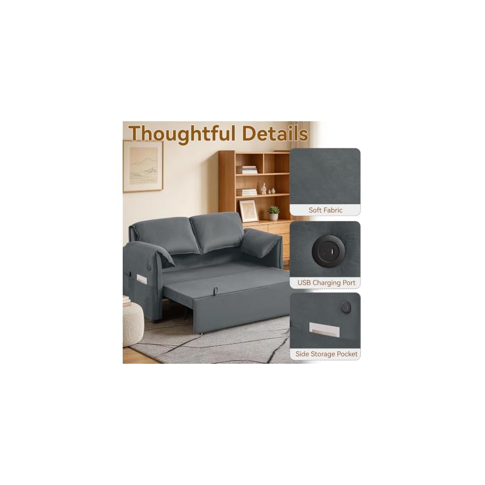 63" 3-in-1 Grey Velvet Convertible Sleeper Sofa Bed, Adjustable Backrest Pull Out Loveseat with USB & Side Pocket for Small Spaces