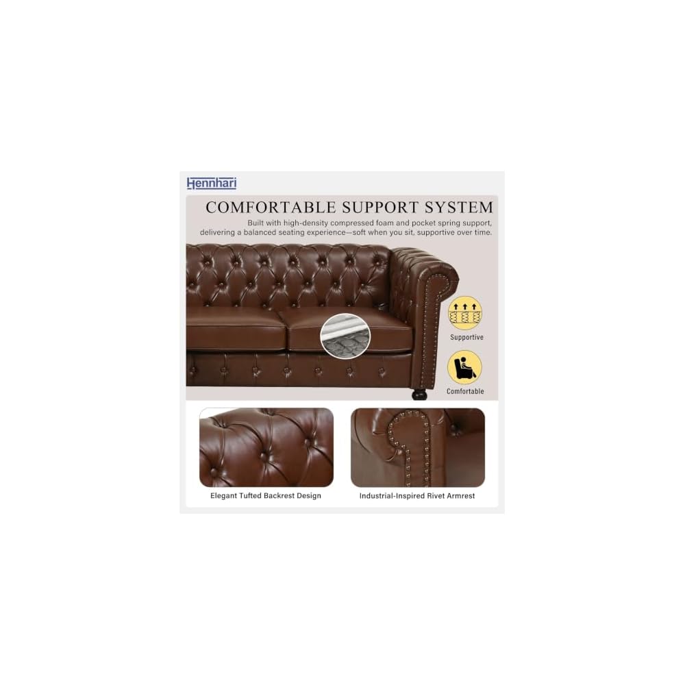 Modern L-Shaped Sectional Sofa with Storage Ottoman, Modular Tufted PU Leather Couch with Riveted Armrests and Solid Wood Legs for Living Room (Brown)