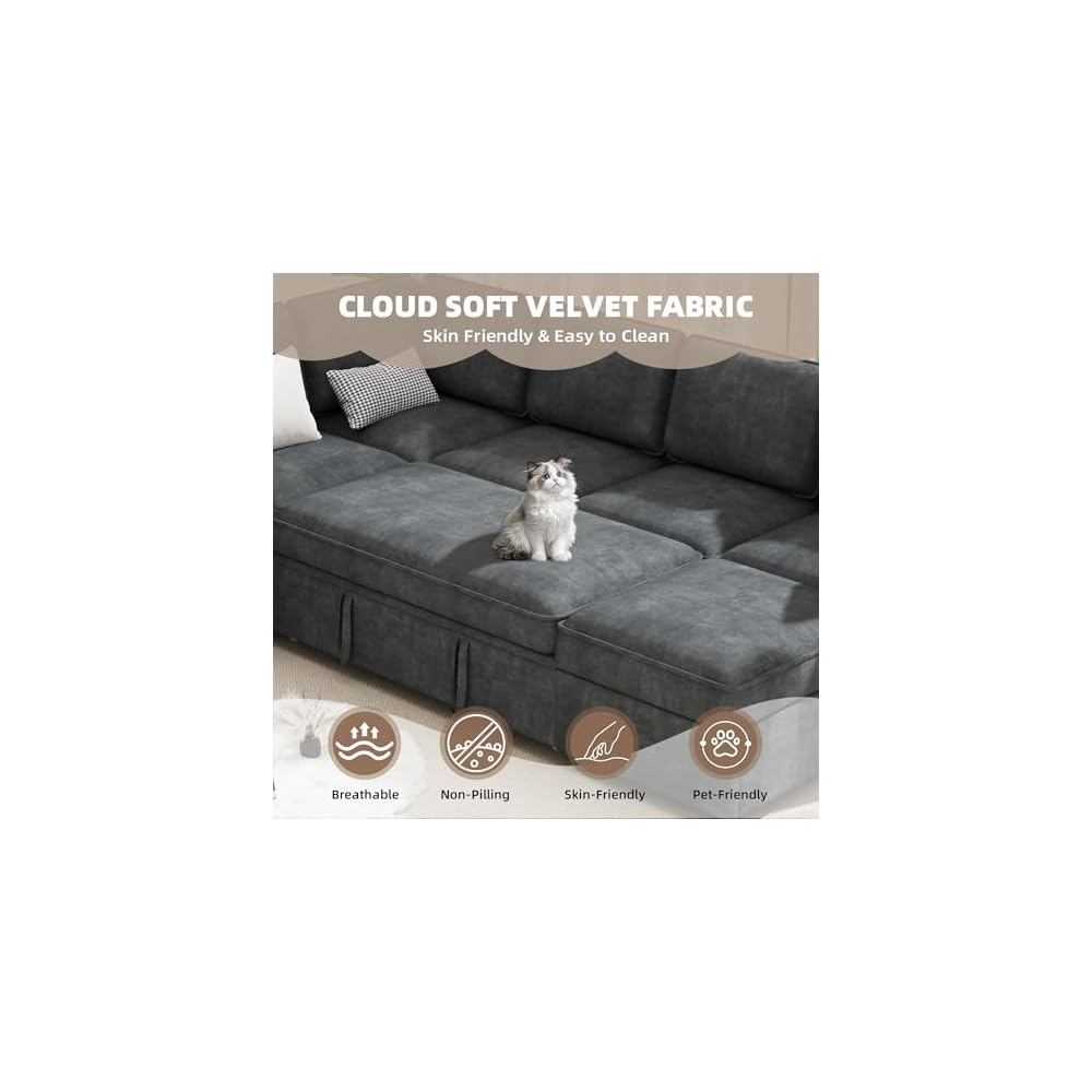 120" U-Shaped 7 Seat Sectional Sofa with Pull-Out Bed, Grey