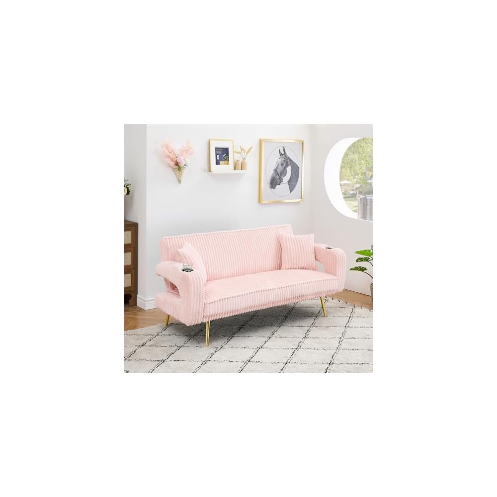 74" Modern Corduroy Sofa Bed Futon,Convertible Sleeper Bed Couch with Dual Cup Holder,4 Reclining Positions,Folding Cloud Sofa Loveseat for Small Living Room Apartment Office (Pink)
