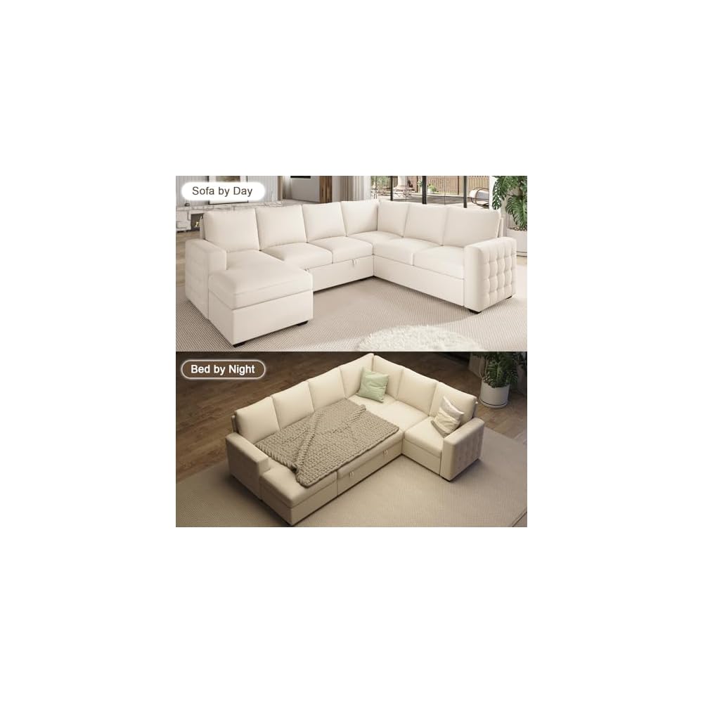 104" Sectional Sleeper Sofa Bed, U Shaped Pull Out Couch with Storage, 7 Seat Cloud Sofas with Chaise, Convertible Sofa Beds, Sleeper Sectional Couches for Living Room, Beige