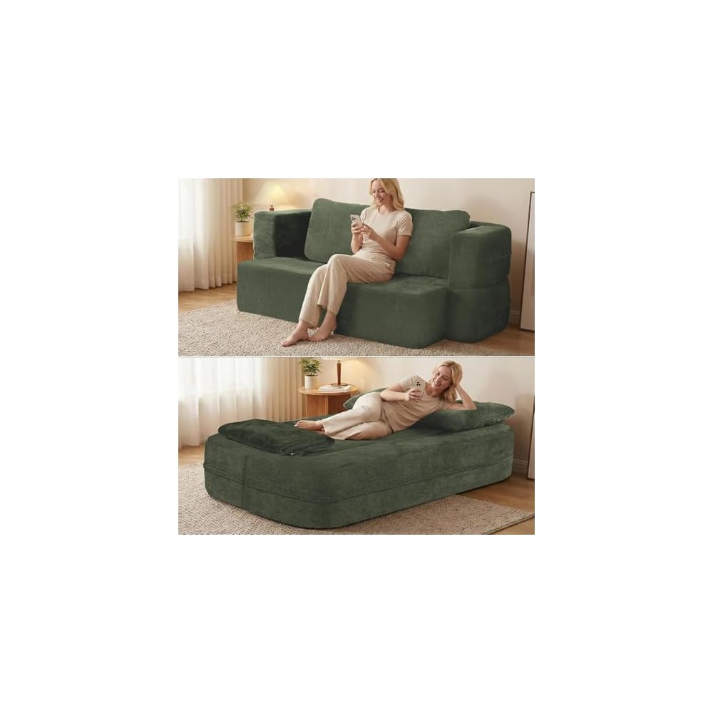 Queen Size Boneless Convertible Sofa Bed with Blanket, Green