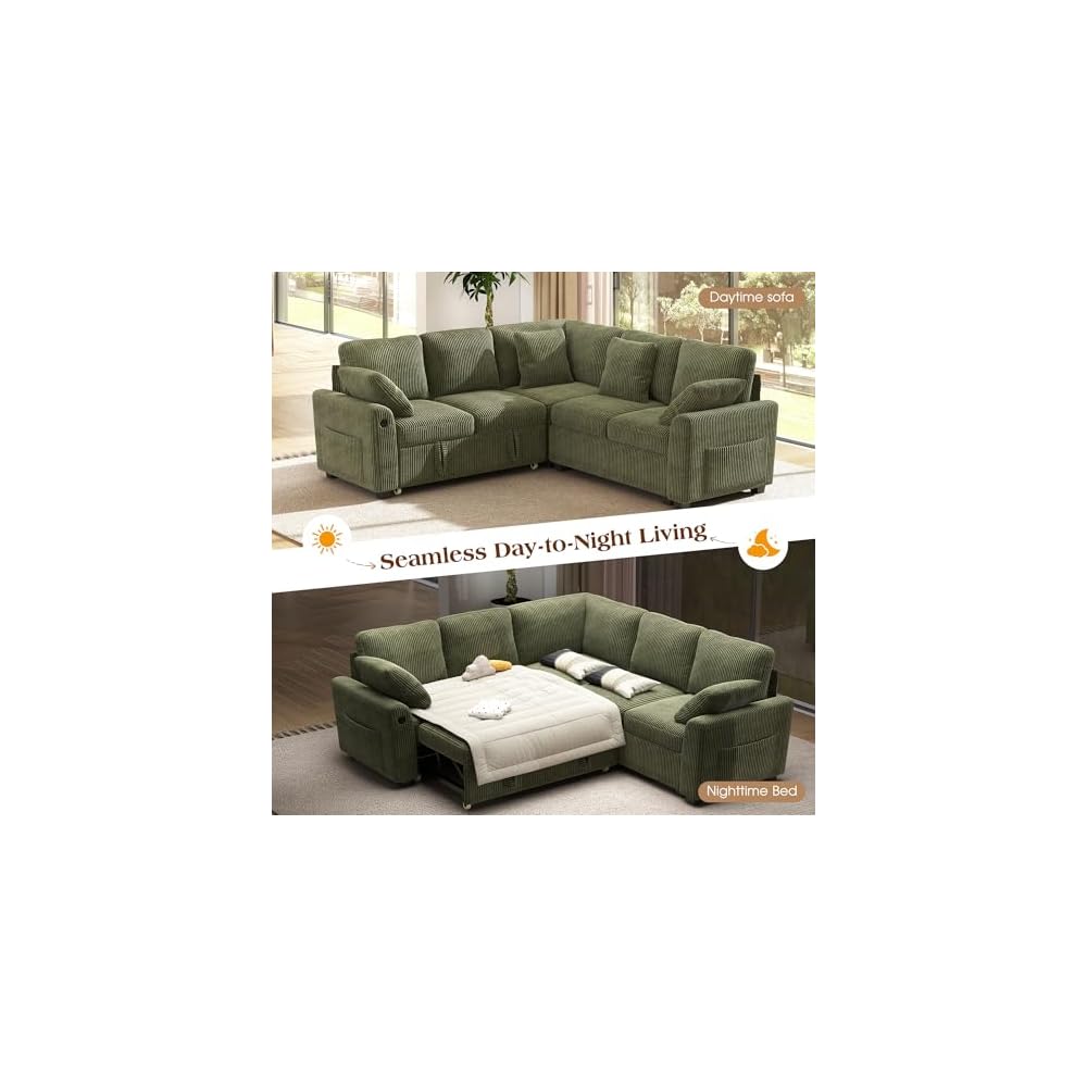 83-inch 5-Seater Large Sectional Sofa Bed with Storage, Corduroy Reversible Modular Sleeper Sofa with USB Port & 4 Pillows, Convertible L-Shaped Couch for Living Room（Green）