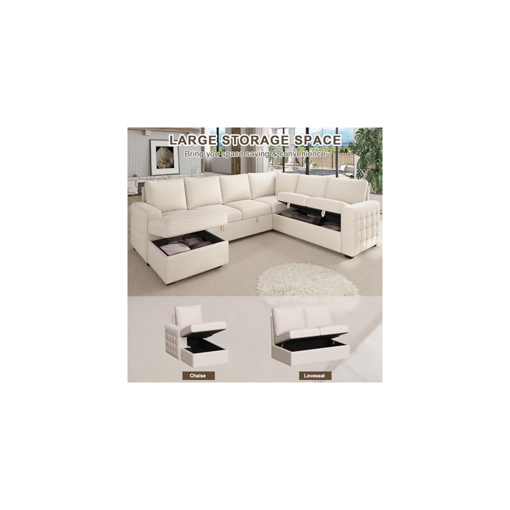 104" Sectional Sleeper Sofa Bed, U Shaped Pull Out Couch with Storage, 7 Seat Cloud Sofas with Chaise, Convertible Sofa Beds, Sleeper Sectional Couches for Living Room, Beige