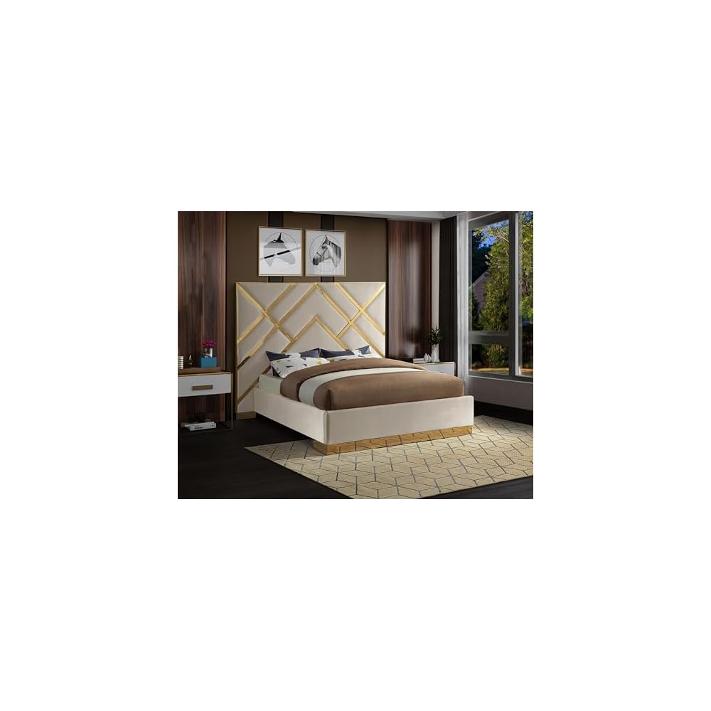 VectorCream-Q Vector Collection Modern | Contemporary Velvet Upholstered Bed, Custom Gold Metal Base and Polished Gold Metal Design, 81.5" W x 85.5" D x 68" H, Cream, Queen