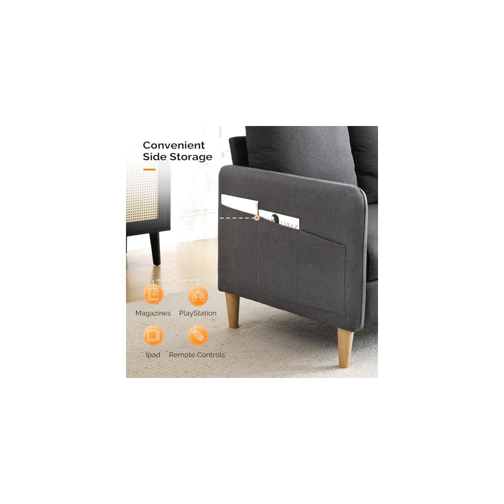 47" Small Couch, Dark Grey Linen Loveseat Sofa Mini Couch Mid Century Modern Decor Love Seat for Small Spaces Living Room, Bedroom, Play Room