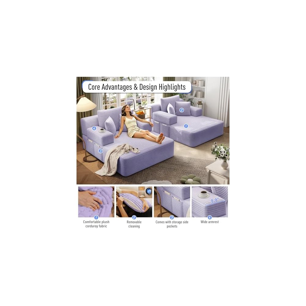 2-Piece Oversized Chaise Lounge Chair Indoor Plush Corduroy Boneless Sleeper Sofa Couch w/ 6 Pillows & Side Pockets, Adjustable Back/Armrest Comfy Reading Chair for Living Room Bedroom, Purple