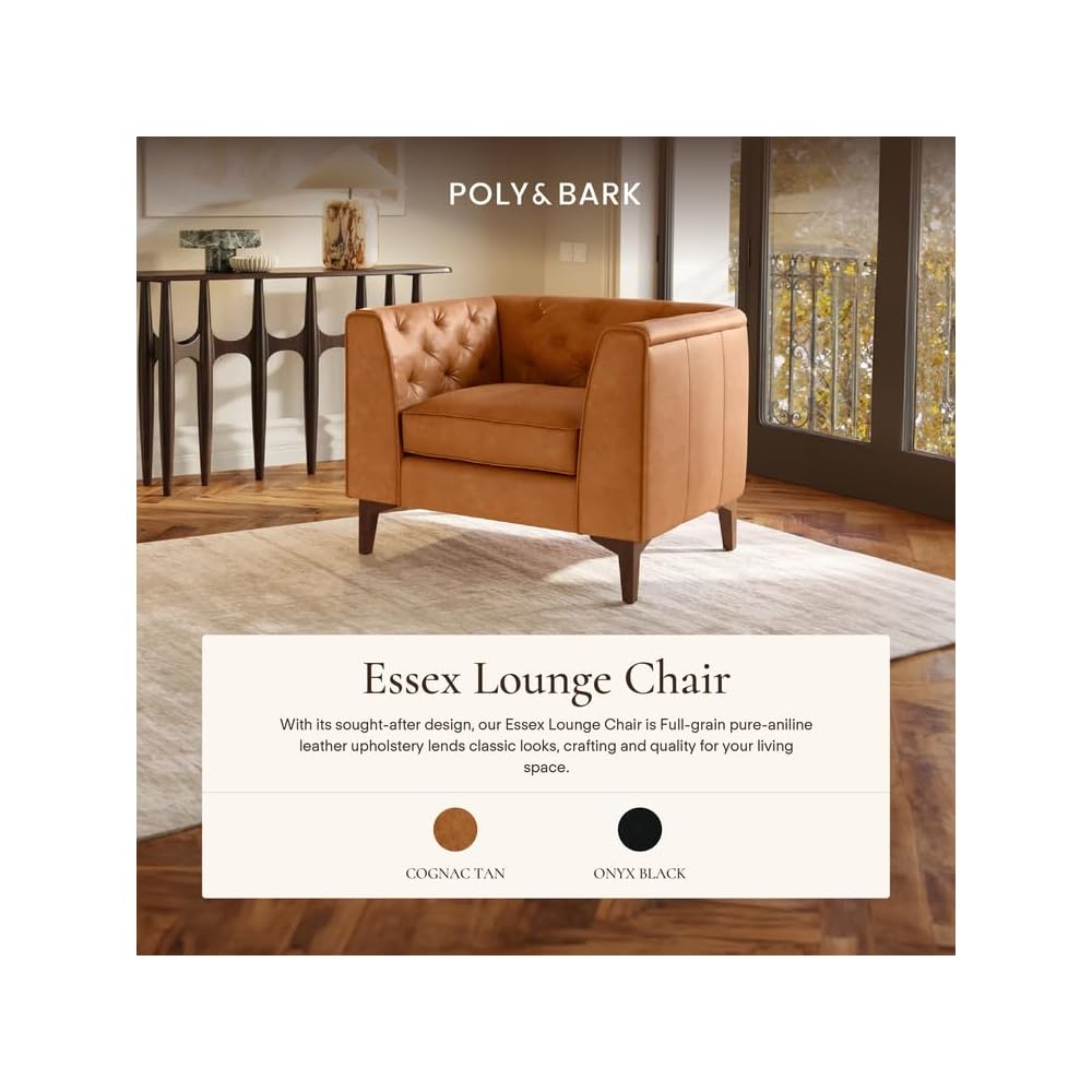 Essex 40" Lounge Chair – Full-Grain Pure-Aniline Italian Leather, Tufted Back & Arms, Feather-Down Cushioning, Walnut Wood Legs - Cognac Tan