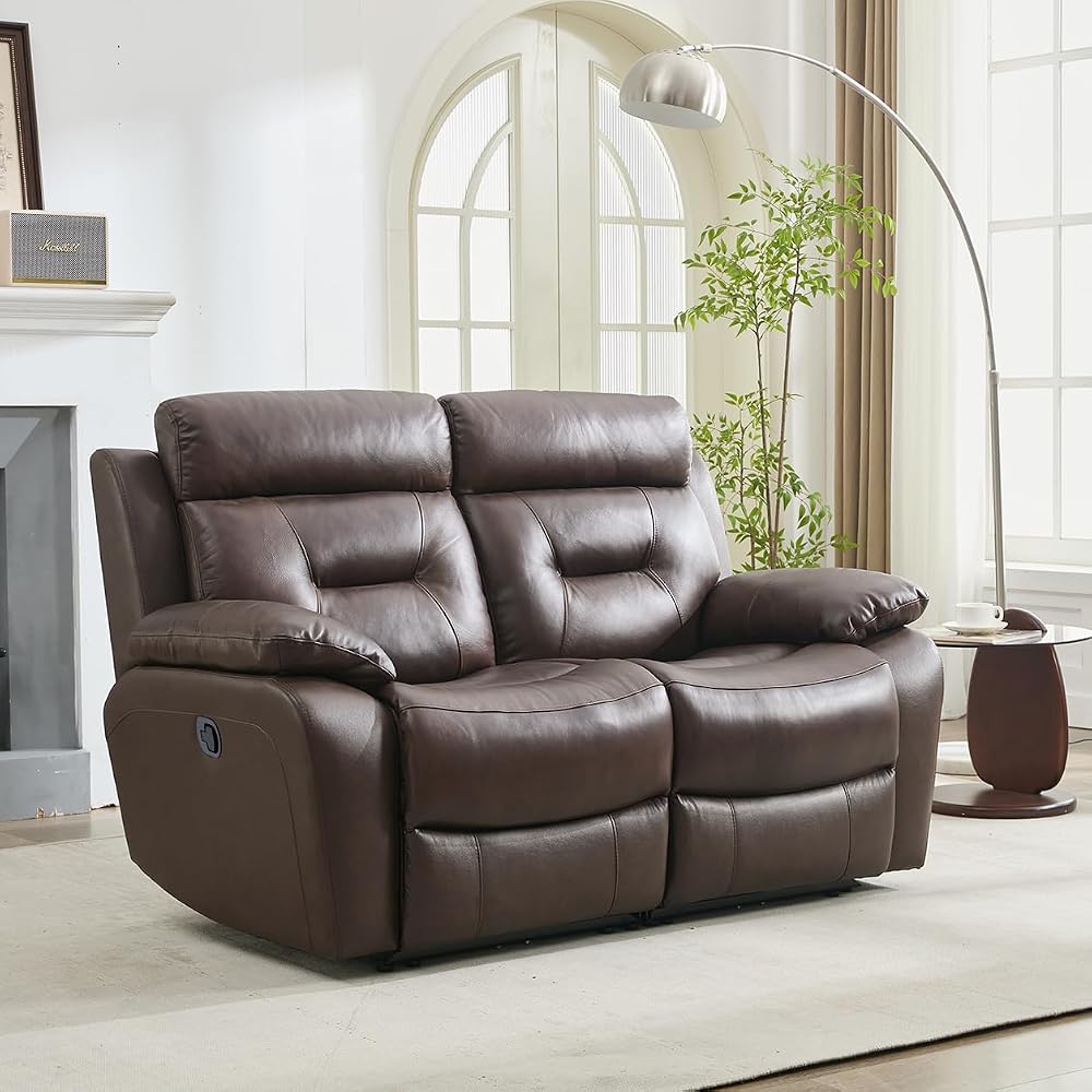 63'' Genuine Leather Manual Reclining Loveseat Sofa Couch for Living Room/Home Theater/Office/RV