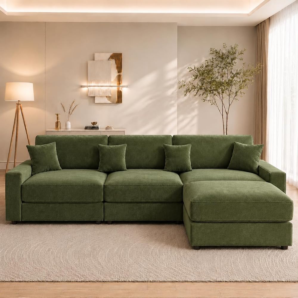 114" Modular Sectional L Shaped Sofa Couches,for Living Room,Oversized Cloud Couch with Movable Ottoman,Comfy Chenille Sofa with Pillow,Side Pockets,Bedroom,Apartment,Green