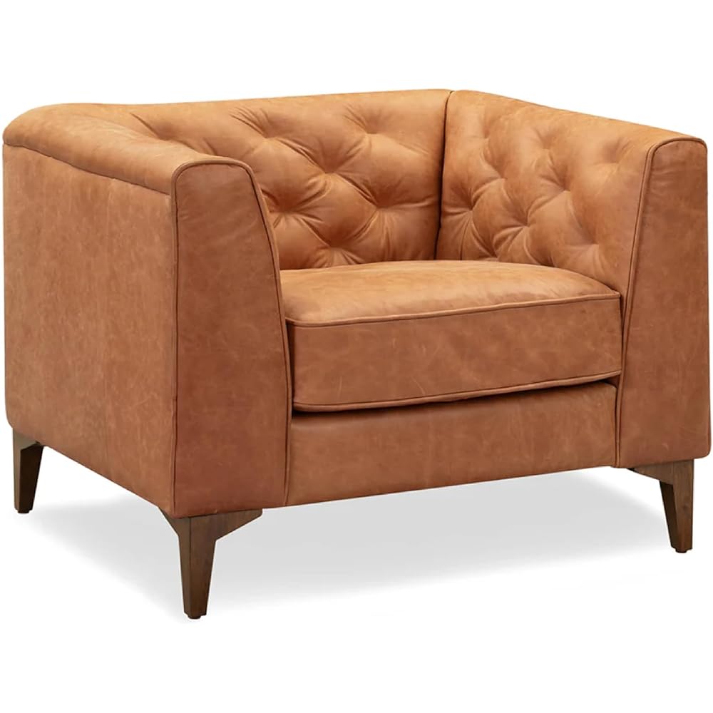 Essex 40" Lounge Chair – Full-Grain Pure-Aniline Italian Leather, Tufted Back & Arms, Feather-Down Cushioning, Walnut Wood Legs - Cognac Tan