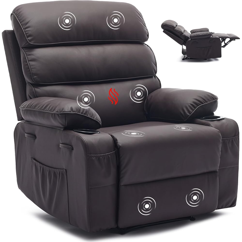 Extra Wide PU Leather Manual Recliner Chair for Adults with Massage & Heat, Oversized Lazy Lounge Chair with 1.5× Thickened Sponge Armrests & Backrest for Ultimate Comfort in Living Room or Bedroom