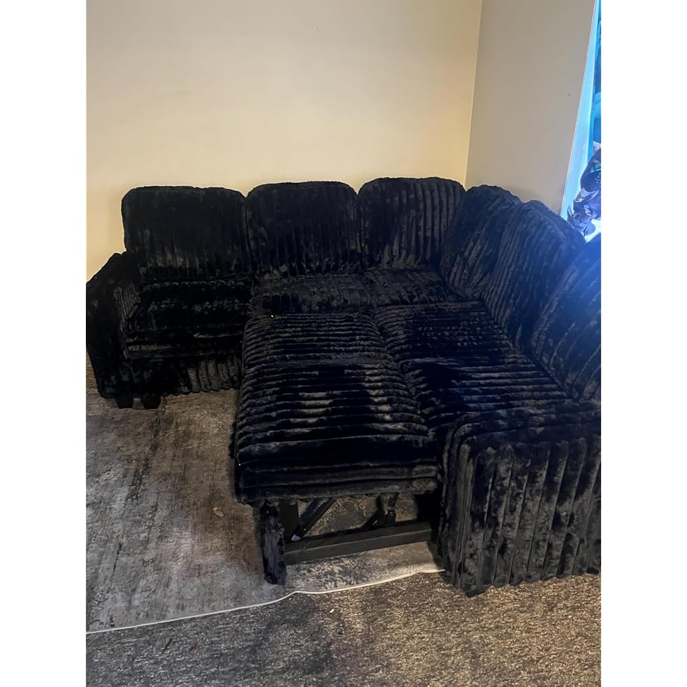 Corduroy Sleeper Sofa Bed with Storage Chaise Modular Sectional Sofa Couch with Pull Out Bed L Shaped Sectional Couches for Living Room Black Couch