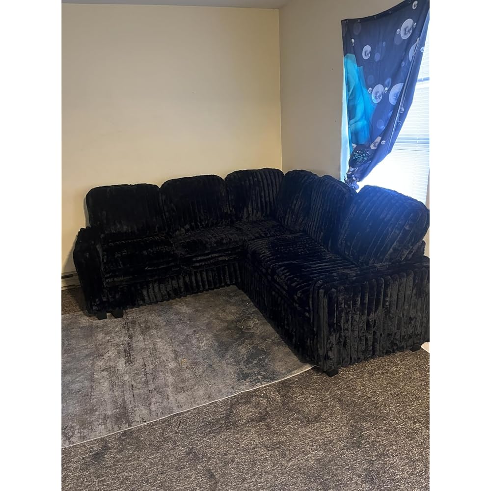 Corduroy Sleeper Sofa Bed with Storage Chaise Modular Sectional Sofa Couch with Pull Out Bed L Shaped Sectional Couches for Living Room Black Couch