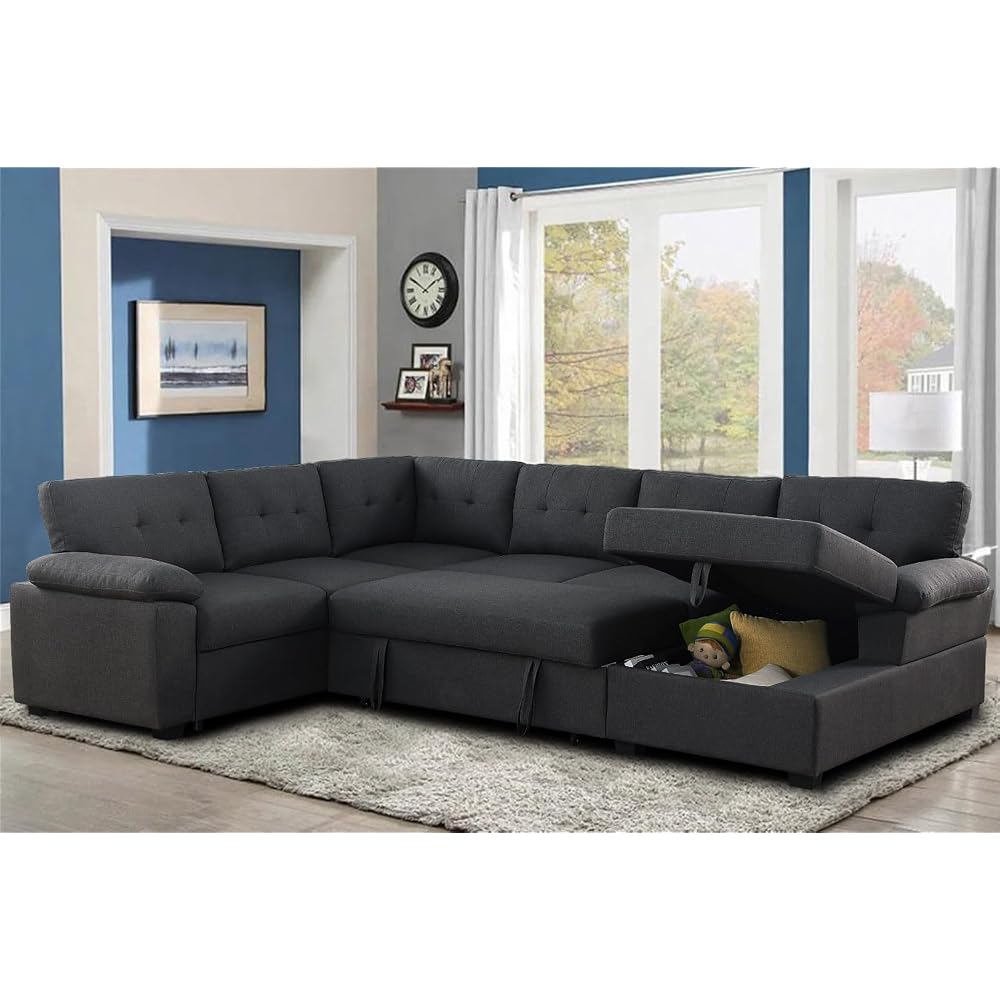 Sectional Sleeper Sofa with Pull Out Bed U Shaped with Storage Chaise Fabric Modern 6 Seater Dark Grey