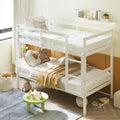 Bunk Bed Twin Over Twin White, Solid Wood Bunk Bed with Sturdy Ladder & 12 Inch Safety Guard Rails, Twin Size Wood Bed Frame for Dormitory, No Box Spring Needed, Bunk Beds for Kids Teens
