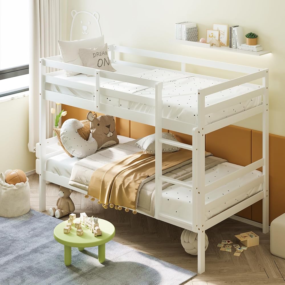 Bunk Bed Twin Over Twin White, Solid Wood Bunk Bed with Sturdy Ladder & 12 Inch Safety Guard Rails, Twin Size Wood Bed Frame for Dormitory, No Box Spring Needed, Bunk Beds for Kids Teens