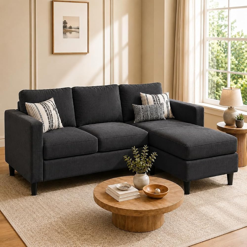 73.6" L-Shaped Small Sectional Sofa with Ottoman, Gray