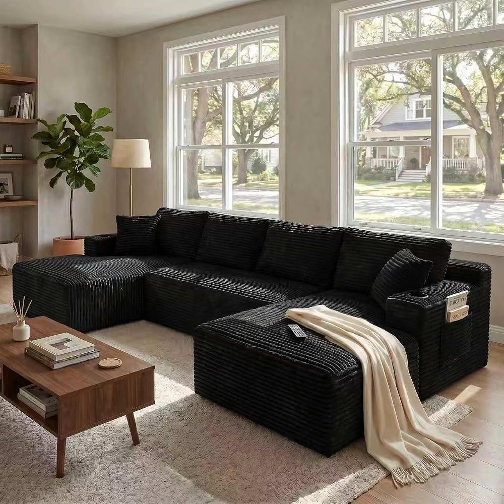 125” Cloud Boneless Couch, U-Shaped Modular Sectional Sofa, Black