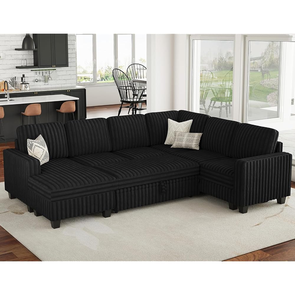 Corduroy Sleeper Sofa Bed with Storage Chaise Modular Sectional Sofa Couch with Pull Out Bed L Shaped Sectional Couches for Living Room Black Couch