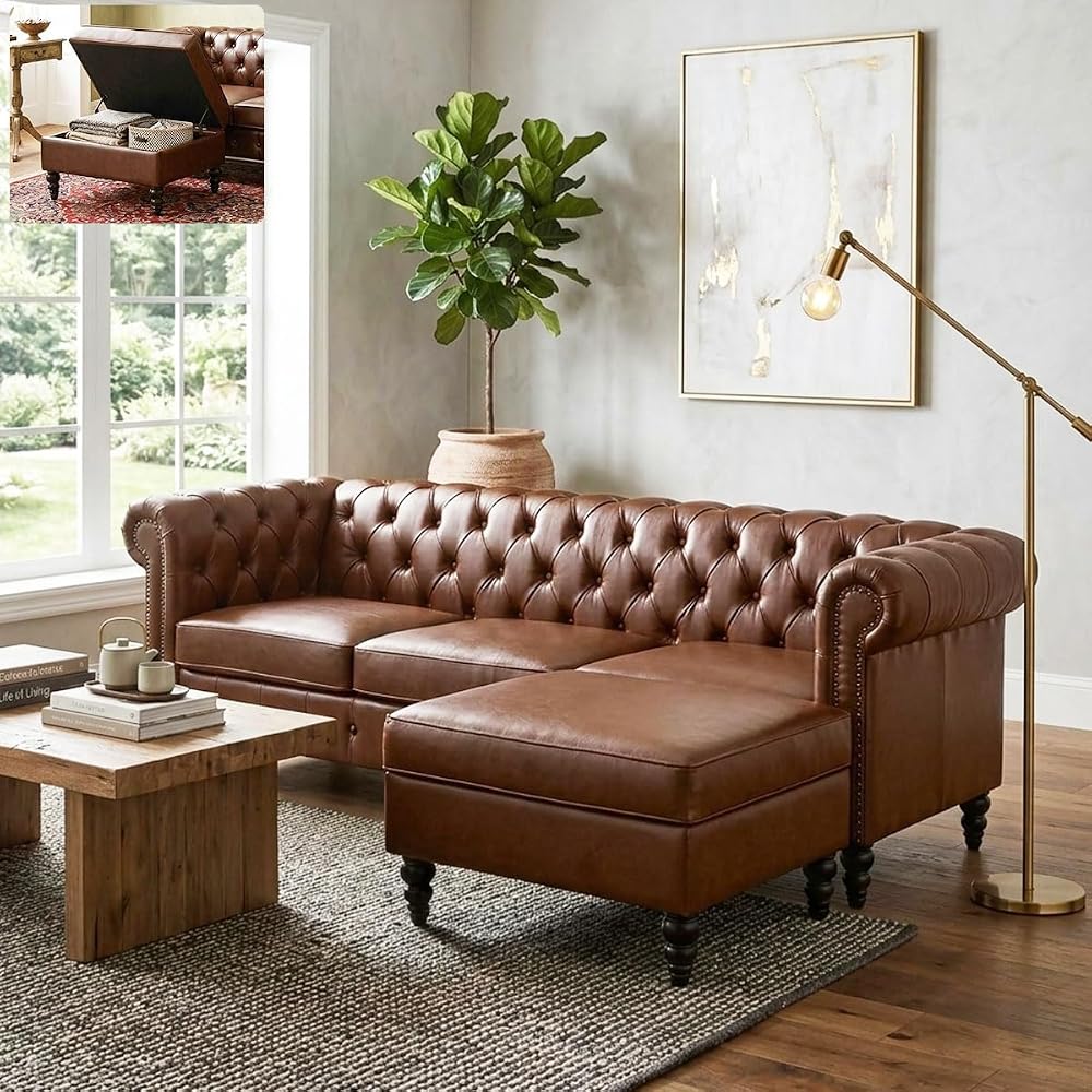 Modern L-Shaped Sectional Sofa with Storage Ottoman, Modular Tufted PU Leather Couch with Riveted Armrests and Solid Wood Legs for Living Room (Brown)