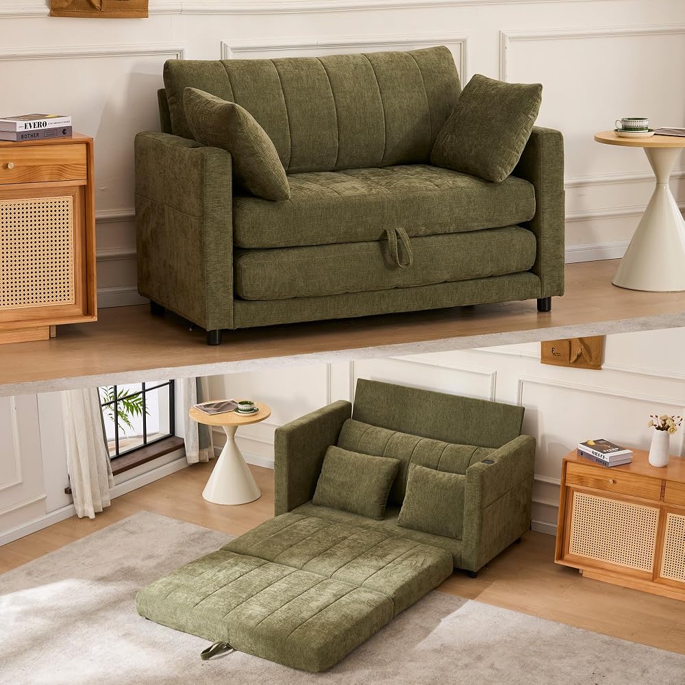 52" Convertible Loveseat Sofa Bed, 2 in 1 Sleeper Couch, Side Pockets, Space-Saving, Folding Sofa Bed with USB Port for Small Spaces, Living Room, Apartment （Green）