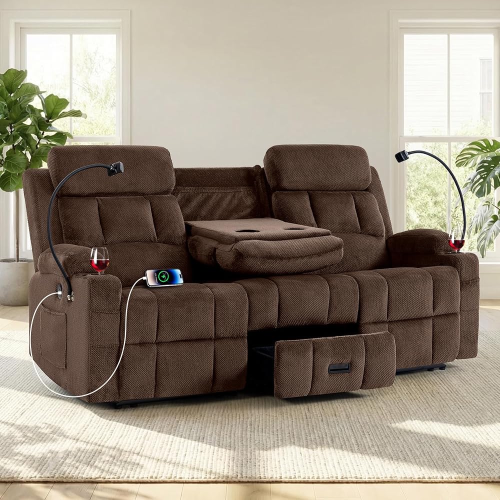 Loveseat Recliner Sofa, Flip-Down Middle Backrest Design, Oversized 3-Seater Reclining Sofa with Storage Drawer, Dual Manual Recliner with USB Ports, Cup Holders & Phone Holders, for Living Room,Brown