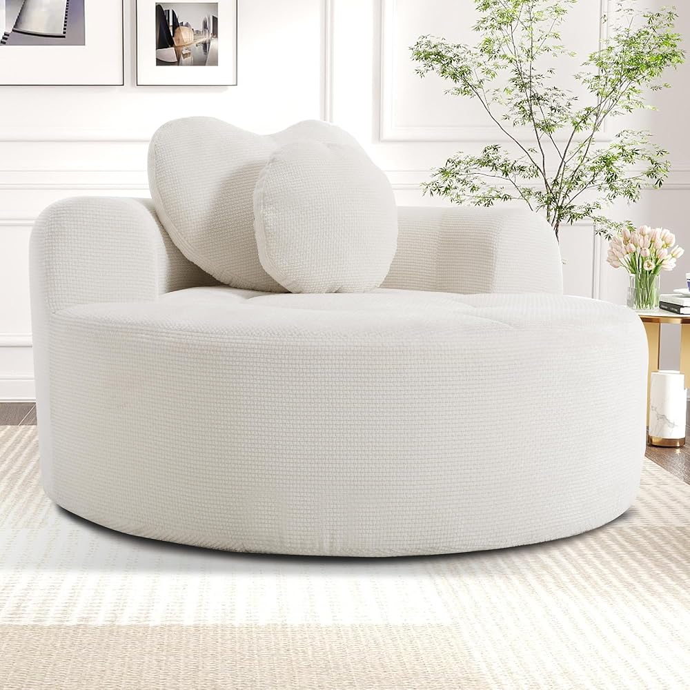 Round Sofa Bed Memory Foam Cloud Couch Convertible Sectional Sofa with 3 Pillows No Assembly Required Waffle Fabric Lounge Couch for Living Room Apartment Bedroom Office, Beige