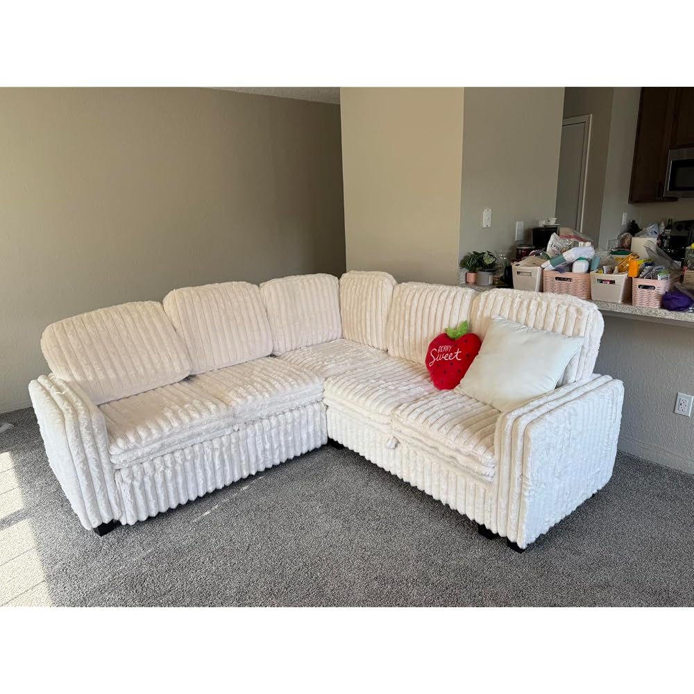 Corduroy Sleeper Sofa Bed with Storage Chaise Modular Sectional Sofa Couch with Pull Out Bed L Shaped Sectional Couches for Living Room Black Couch
