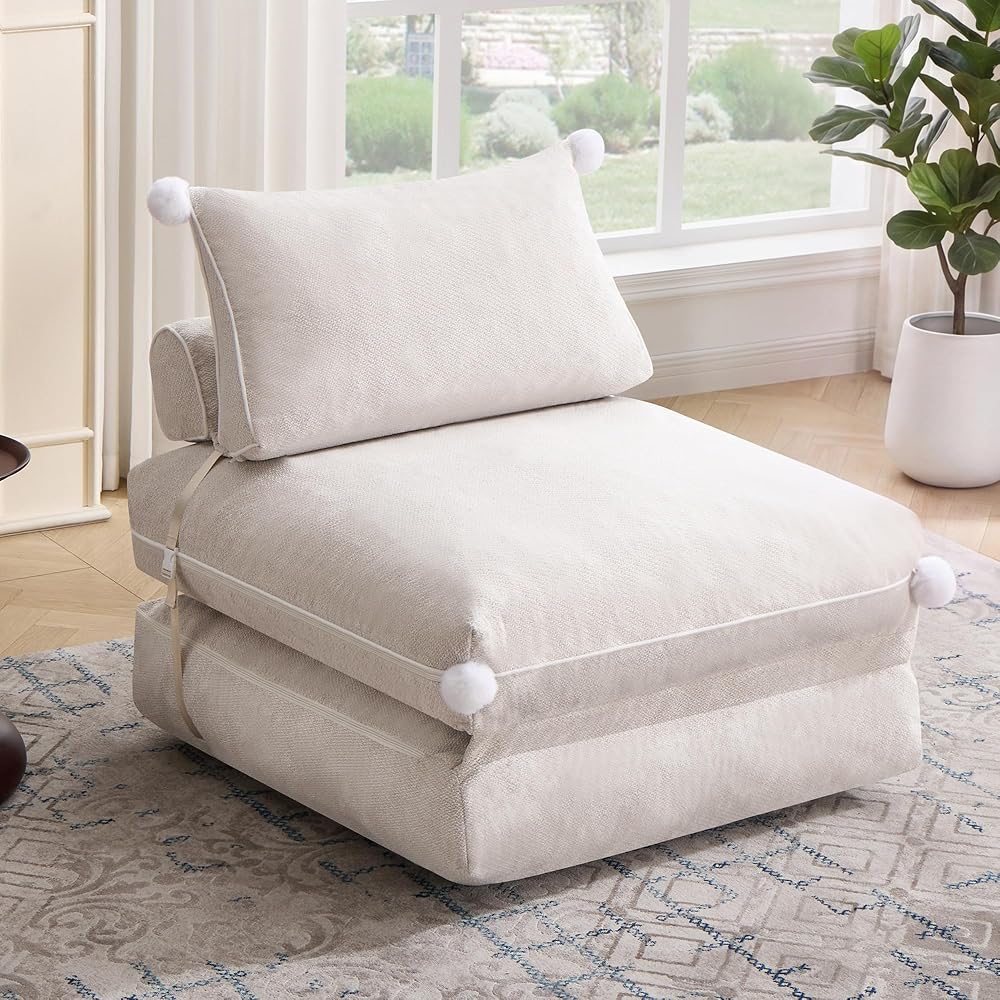Folding Sofa Bed, Convertible Sleeper Chair with Back Support, Comfy Chenille Fold Out Couch Bed for Adults, No Wall Needed Floor Sofa Bed for Living Room Bedroom Apartment, Beige