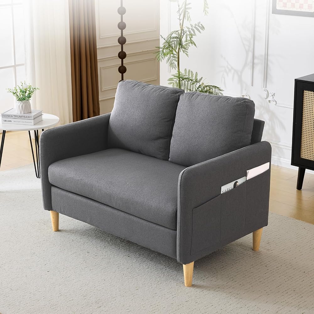 47" Small Couch, Dark Grey Linen Loveseat Sofa Mini Couch Mid Century Modern Decor Love Seat for Small Spaces Living Room, Bedroom, Play Room