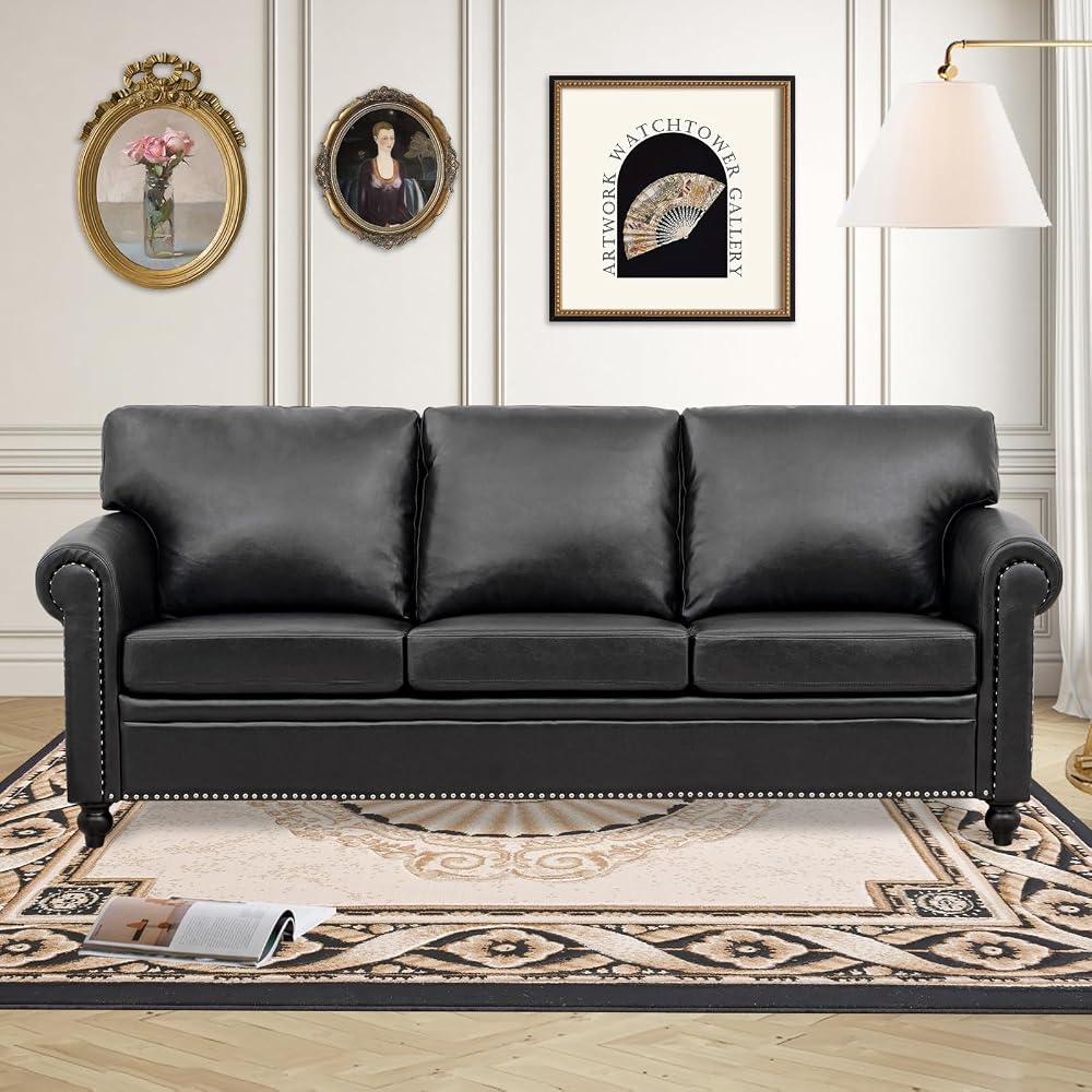 Black Faux Leather Couch，3 Seater Traditional Living Room Sofa，Comfy Sofa with Detachable Cushions 84" for Living Rooms, Bedrooms, Offices and Apartments Tool-Free Assembly