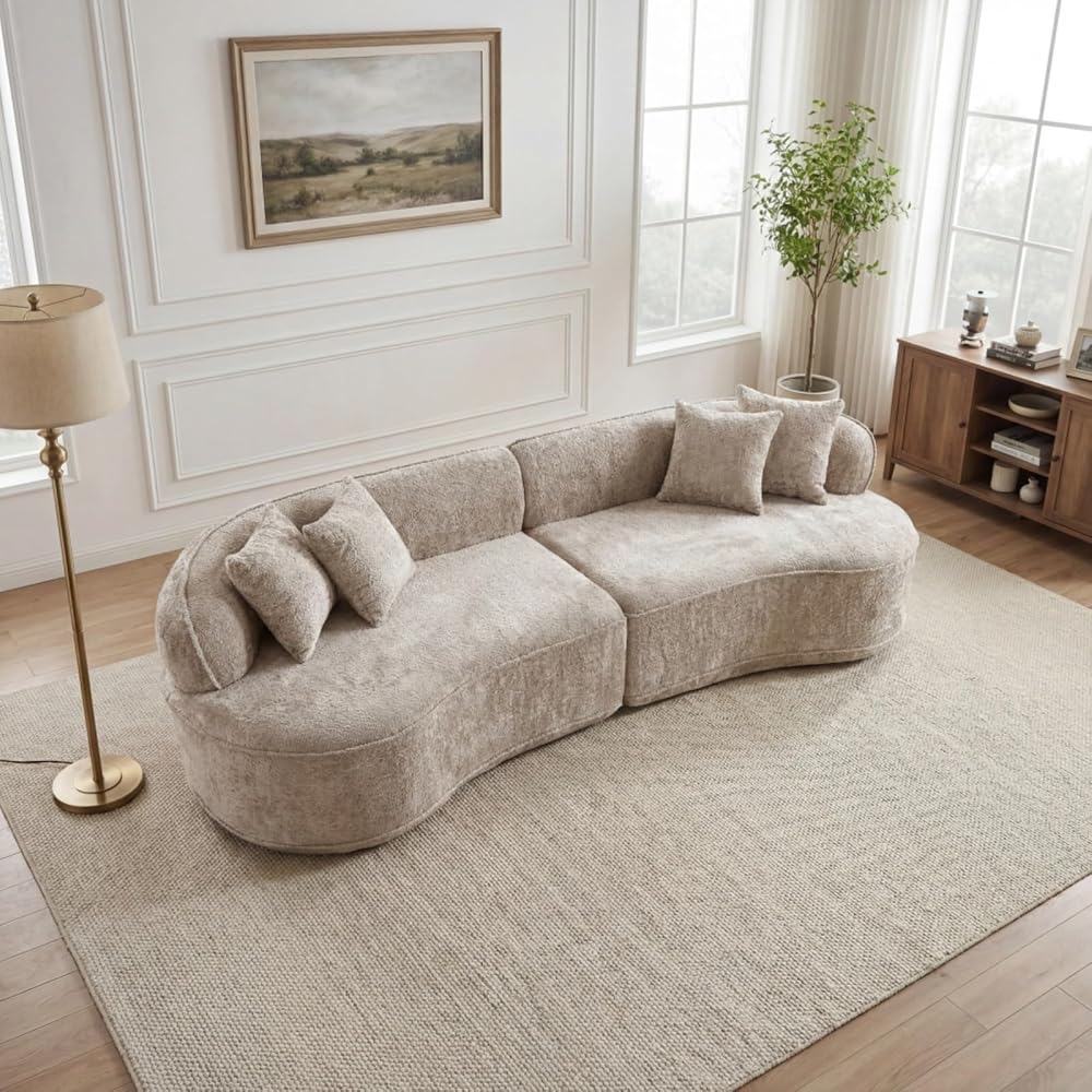 Modern Curved L-Shape Luxury Sofa with Pillows and Minimalist Design for Living Room, Comfy Sectional Sleeper Couch with Boneless Design and Plush Texture for Bedroom (Camel)