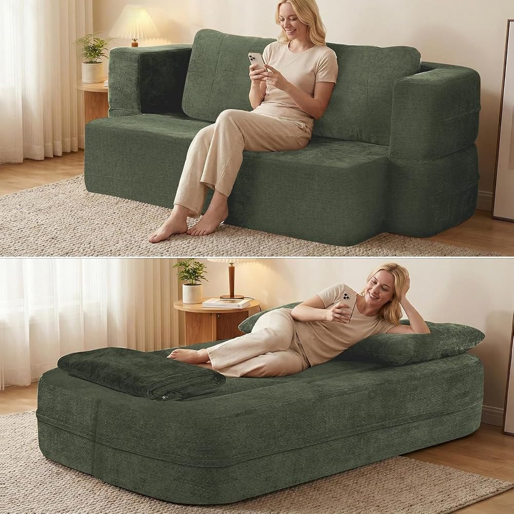 Queen Size Boneless Convertible Sofa Bed with Blanket, Green