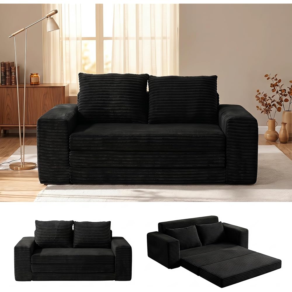 69" Boneless Folding Sofa Bed, 2-in-1 Corduroy Convertible Sleeper Couch with Wide Armrest for Living Room, Classic Black