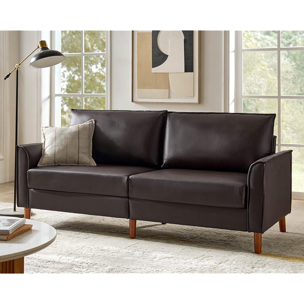 78" Faux Leather Sofa with Solid Wood Legs, Mid-Century Modern PVC Leather Couch, Comfy Upholstered 3-Seater Sofa for Living Room Bedroom, Brown