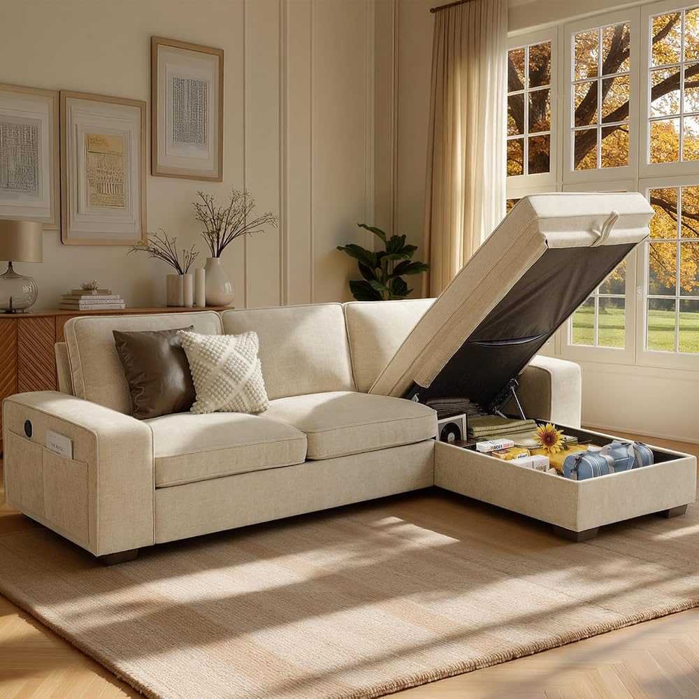 97in L-Shaped Sectional Sofa with Storage Chaise, 3-Seater Couch, Beige