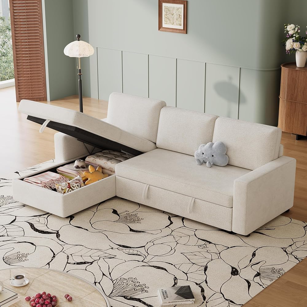 81" L Shaped Convertible Sleeper Sectional Sofa Bed, Beige