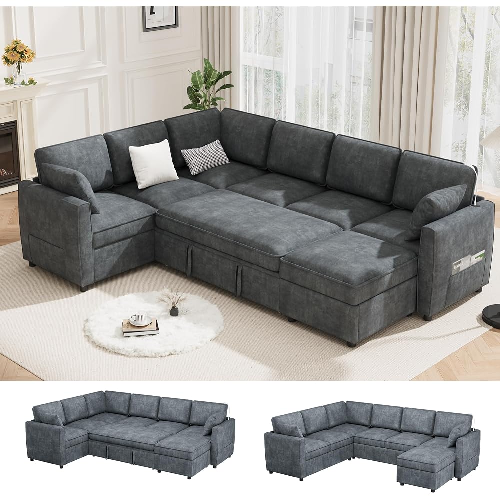 120" U-Shaped 7 Seat Sectional Sofa with Pull-Out Bed, Grey